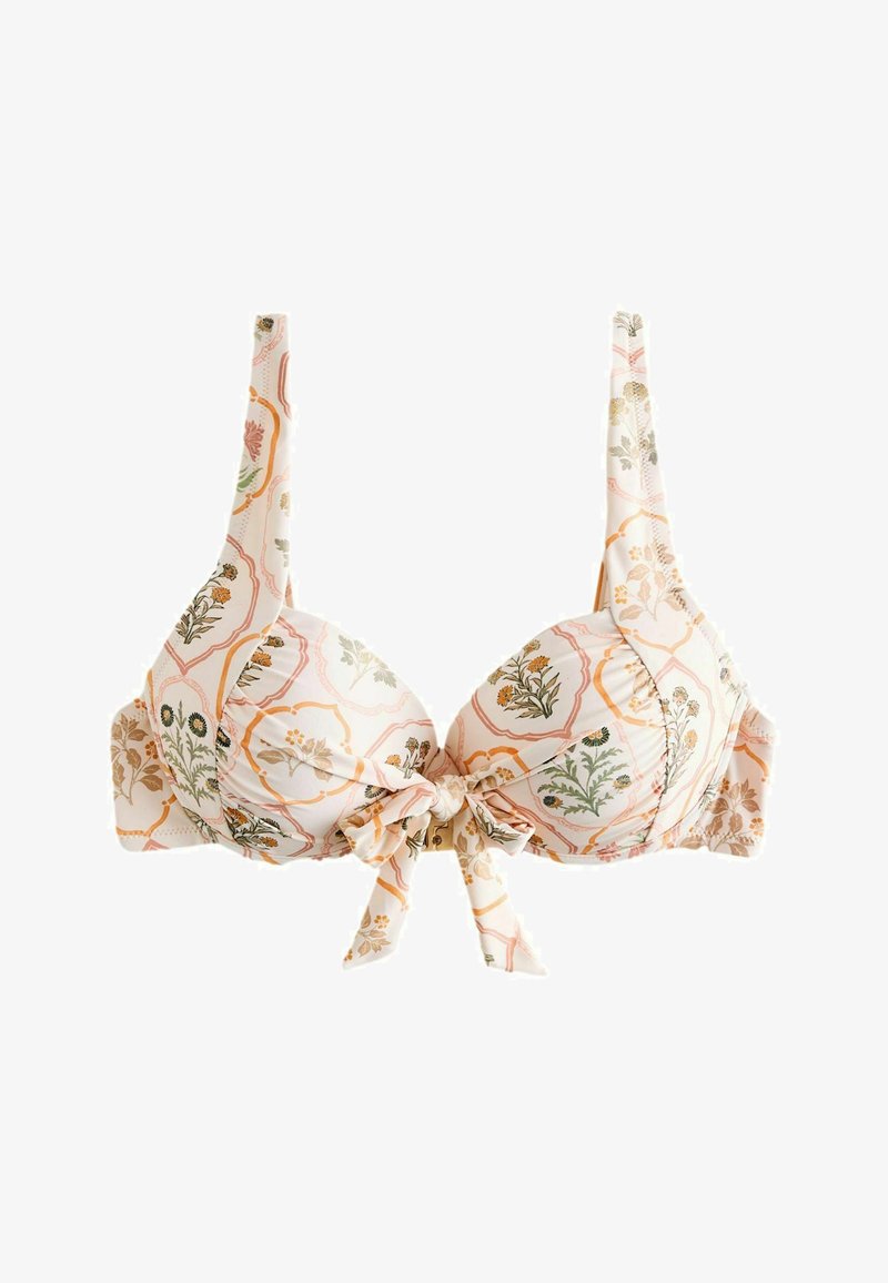 Soutien-gorge à imprimé floral avec bonnets à armatures, larges bretelles et nœud central à l'avant, dans des tons pêche, vert et orange sur un fond clair.
