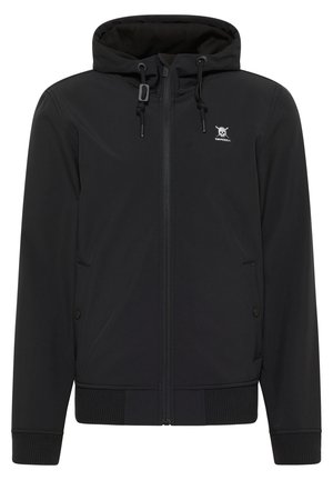 Schwarze Kapuzenjacke mit Reißverschluss, verstellbarem Kordelzug, Rippbündchen und -saum sowie kleinem Logodetail auf der Brust.