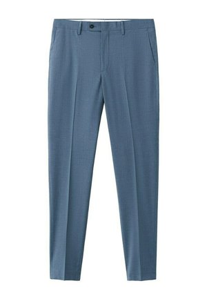 Pantaloni da uomo su misura, slim-fit, blu, con piega frontale, tasche laterali e chiusura con bottone in vita.