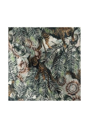 Tropisches Druckgewebe mit grünen Blättern, braunen Blumen und Leoparden. Das Design umfasst komplexe Muster und Texturen.