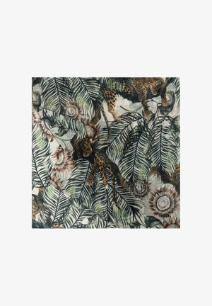 Tropisches Druckgewebe mit grünen Blättern, braunen Blumen und Leoparden. Das Design umfasst komplexe Muster und Texturen.