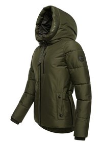 Olive green puffer jacket with a large hood, zippered and buttoned pockets, ribbed cuffs, and a subtle logo detail on the sleeve.