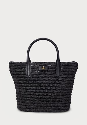 Sac fourre-tout noir en tissage avec une finition texturée, doté de deux anses en cuir et d'un accent de logo doré à l'avant.