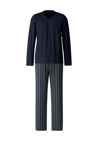 Marineblauwe lange mouw V-hals top gedragen met gestreepte broek in marineblauw en groen. Gladde stof; losvallende pasvorm; casual slaapkleding ontwerp.