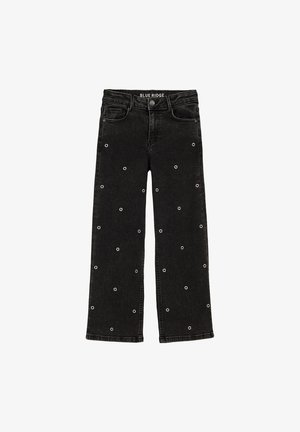 Schwarze Jeans im weit geschnittenen Design aus Denim mit verstreuten silbernen Ösen. Verfügt über ein klassisches Fünf-Taschen-Design und einen Knopfverschluss.