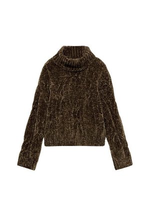 Ciemnobrązowy sweter dzianiny z chenille z długimi rękawami i grubym zwiniętym golfem.