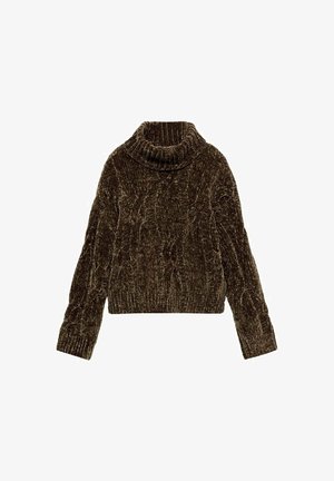 Pull en maille chenille brun foncé avec manches longues et col roulé épais.