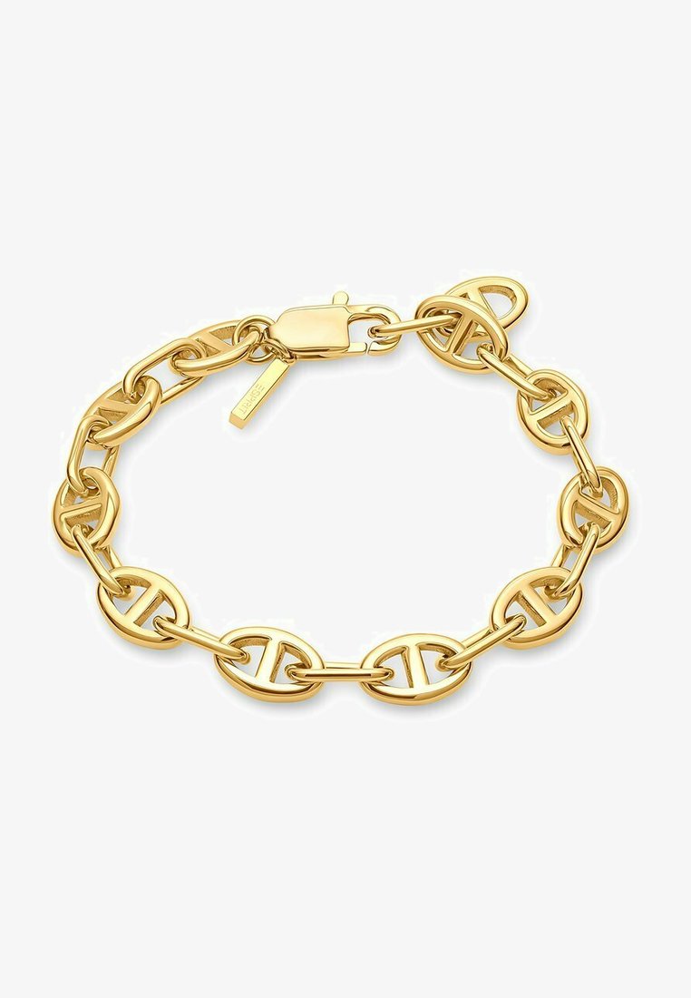 Braccialetto in oro con maglie ovali caratterizzate da un design intrecciato e una chiusura sicura. Finitura liscia con un aspetto riflettente.