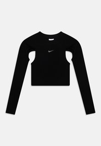 Juodas ilgas rankovės crop top'as su išpjautomis pečių detalėmis, papuoštas mažuoju pilku Nike logotipu, esančiu krūtinės centre. Pagamintas iš lygaus medžiagos.