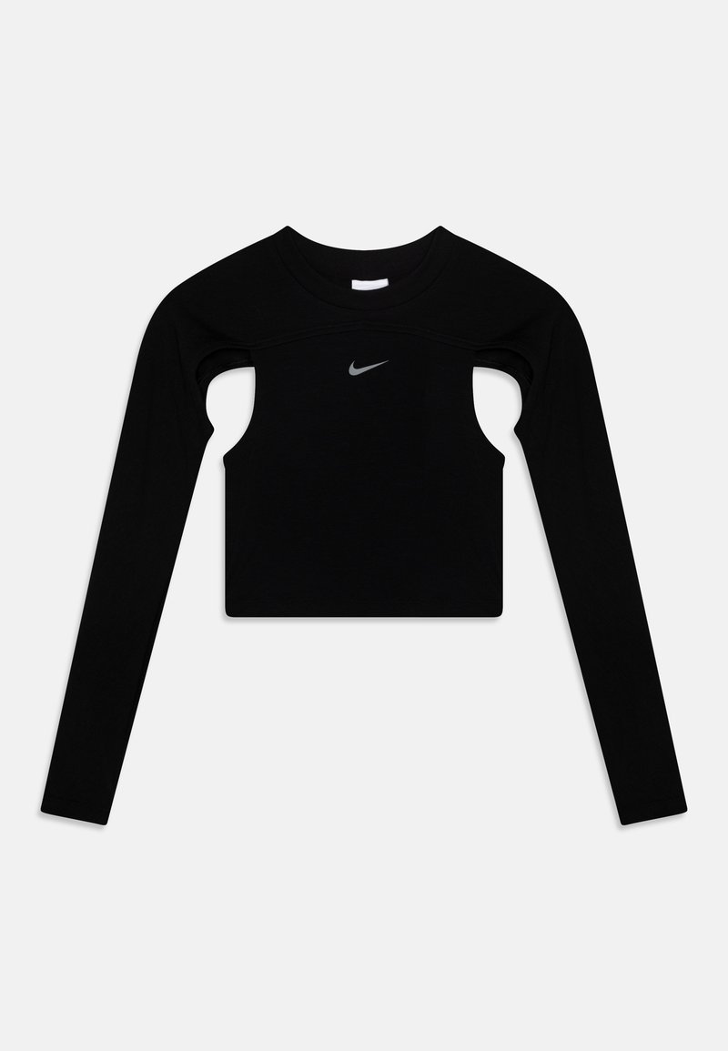 Sort langærmet crop top med udskårne skuldre, prydet med et lille gråt Nike-logo centralt på brystet. Fremstillet af et glat materiale.