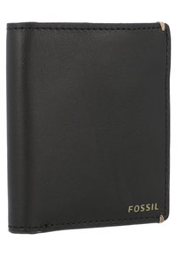 Black leather wallet with a textured surface, folded design, and tan stitching. Features gold "Fossil" branding on the front.