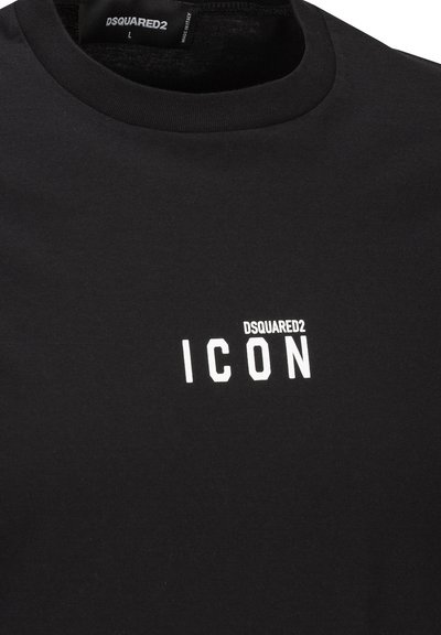 Schwarzes Baumwoll-T-Shirt mit Rundhalsausschnitt, auf der Vorderseite zentriert weiße Schrift "DSQUARED2 ICON". Der Text ist in einer fetten, modernen Schriftart gestaltet.