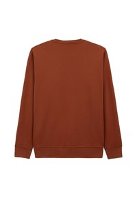 Sweatshirt à manches longues en brun rouille, fabriqué en tissu doux. Présente un col ras du cou et des poignets et un ourlet côtelés. Texture lisse, design minimal.