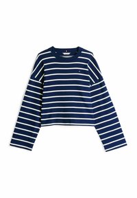 Top cropped a manica lunga navy con strisce orizzontali bianche. Presenta un collo rotondo e un piccolo logo sul petto. Tessuto in cotone morbido.
