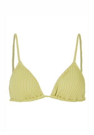 Driekhoek bikini top in lichtgele stof met ribbelstructuur, dunne verstelbare bandjes en geplooide details aan de onderkant.