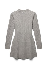 Abito a coste grigio chiaro con maniche lunghe, scollatura rotonda e fondo svasato. Presenta costine verticali per texture e forma.