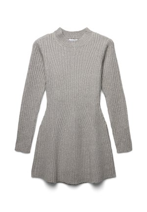 Abito a coste grigio chiaro con maniche lunghe, scollatura rotonda e fondo svasato. Presenta costine verticali per texture e forma.
