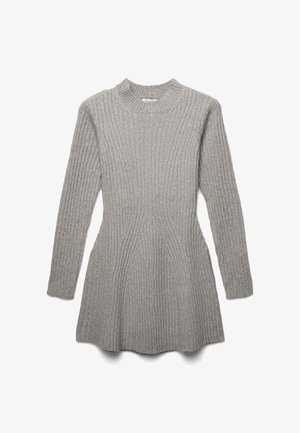 Abito a coste grigio chiaro con maniche lunghe, scollatura rotonda e fondo svasato. Presenta costine verticali per texture e forma.