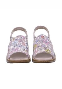 Pair of lavender open-toe, slingback sandals with multicolor floral cutout leather uppers and brown stitched soles.