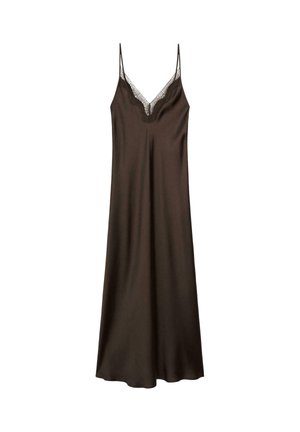 Abito slip in raso marrone con dettagli in pizzo sul collo, spalline sottili e regolabili, e una vestibilità morbida, caratterizzato da una texture liscia e morbida.