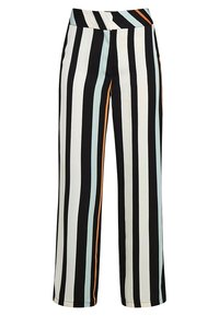 Pantalons larges à rayures verticales en noir, blanc, vert menthe et orange. Fabriqués en tissu lisse avec une taille haute.