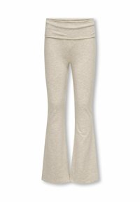 Beżowe legginsy dzwonowate wykonane z miękkiego, elastycznego materiału z wysokim stanem i gładką teksturą, z jasnym melanżowym wzorem.