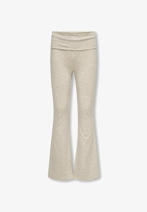 Beżowe legginsy dzwonowate wykonane z miękkiego, elastycznego materiału z wysokim stanem i gładką teksturą, z jasnym melanżowym wzorem.