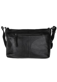 Czarna skórzana torba na ramię z regulowanym paskiem i przednią kieszenią na zamek.