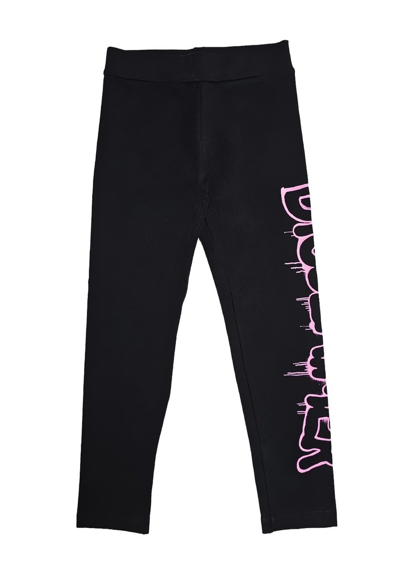 Leggings neri con cintura elastica e testo stilizzato rosa che corre verticalmente lungo il lato esterno della gamba destra.
