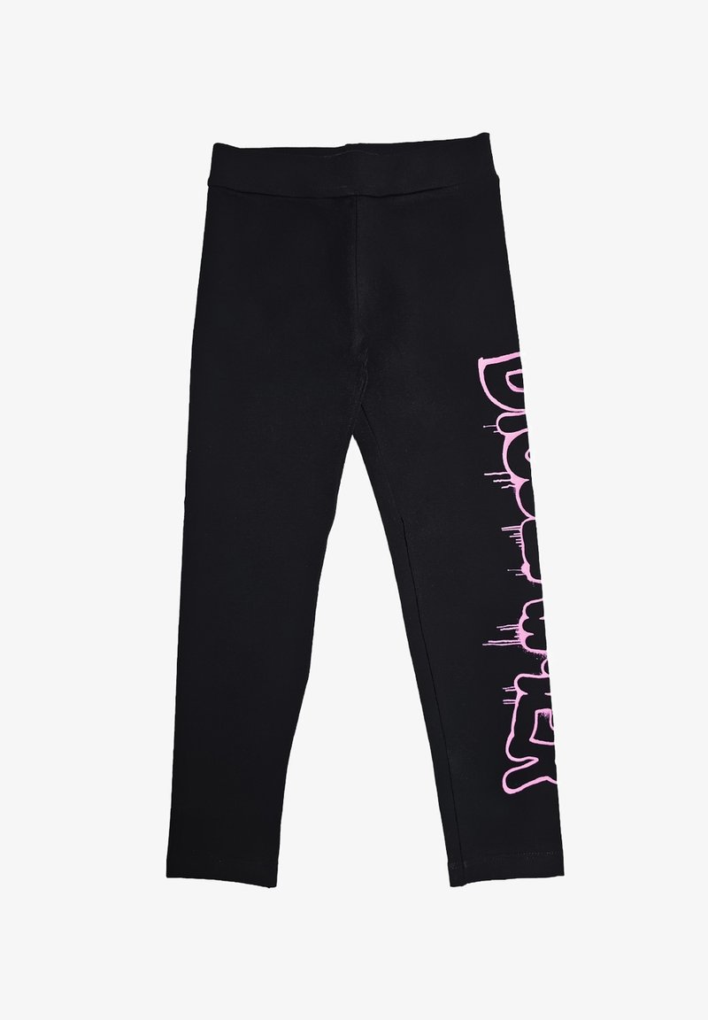 Leggings neri con cintura elastica e testo stilizzato rosa che corre verticalmente lungo il lato esterno della gamba destra.