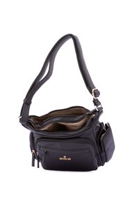 Borsa a tracolla nera in pelle con tracolla regolabile, superficie strutturata, numerosi scomparti con zip e dettagli in metallo dorato.