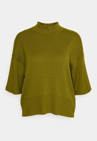 Olivově zelený žebrovaný pletený svetr s vysokým límcem, krátkými širokými rukávy a uvolněným střihem. Hladká textura a jemné horizontální vzory.