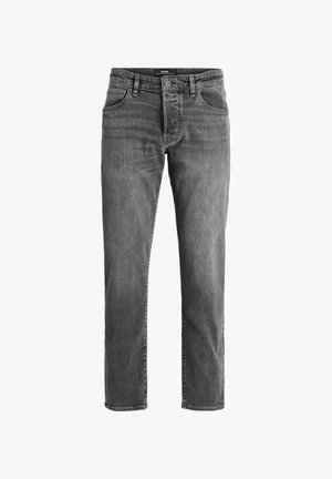 Férfi szürke egyenes szárú farmernadrág elülső zsebekkel, övhurkokkal és gombos záródással, sík felületen, fehér háttér előtt.