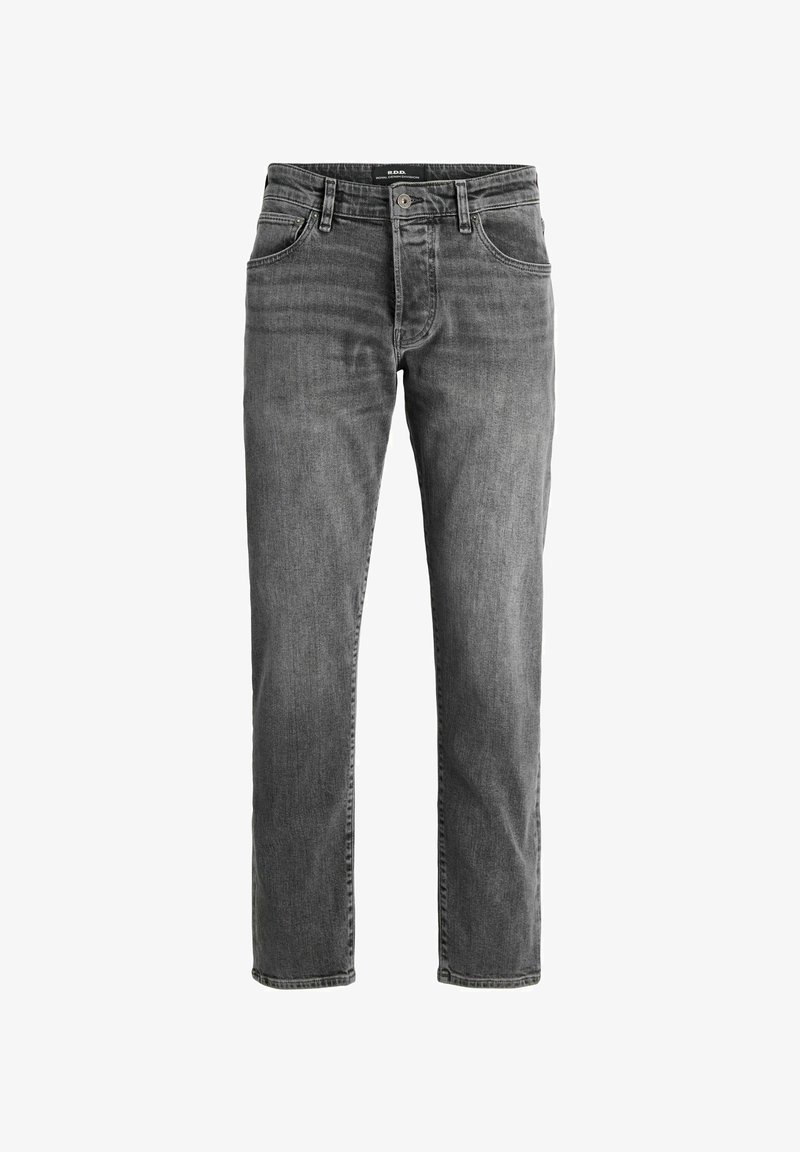 Vīriešu pelēkie taisnā piegriezuma džinsi ar priekšējiem kabatām, jostu cilpām un pogu aizdari, izlikti uz baltas fona.