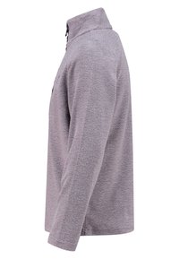 Grijze fleece pullover met een kraag en lange mouwen, voorzien van een textuurstof en een zijrits. Eenvoudig ontwerp zonder patronen.