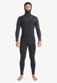 Black wetsuit with integrated hood, zippers at chest and wrist, and reinforced knee pads. Smooth texture, form-fitting design, suitable for water sports.