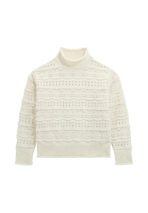 Maglione a collo alto crema con un motivo di lavorazione a maglia testurizzato e disegni ondulati, e orli a costine. Realizzato in un materiale morbido e leggero.