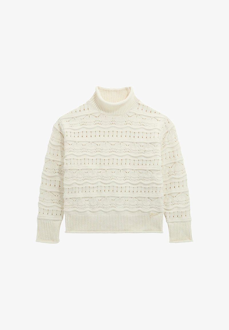 Maglione a collo alto crema con un motivo di lavorazione a maglia testurizzato e disegni ondulati, e orli a costine. Realizzato in un materiale morbido e leggero.
