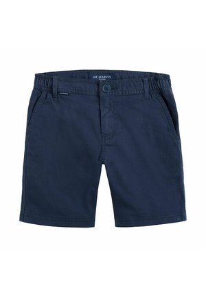 Shorts bleu marine en tissu léger, dotés d'une fermeture par bouton, de poches latérales et d'une taille élastique pour plus de confort.