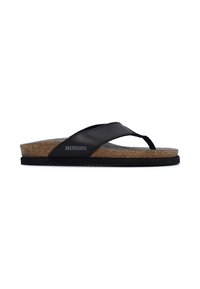 Sandalo flip-flop in pelle nera con soletta in sughero e suola in gomma nera, con un logo sulla cinghia superiore e un design elegante.