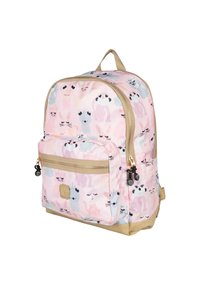 Roze stoffen rugzak met dierenillustraties, gouden hardware, twee met rits voorziene vakken en een tan onderpaneel. Instellbare schouderbanden.