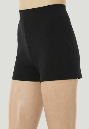 Persona che indossa pantaloncini neri semplici, aderenti con vita alta, che mostrano la parte superiore delle cosce e la parte inferiore del torso su uno sfondo neutro.