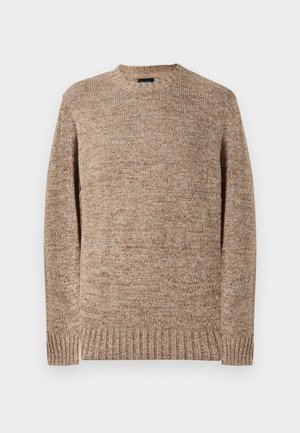 Knitted sweater in light brown with a textured pattern. Features a round neckline and ribbed cuffs and hem for a snug fit.