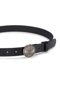 Black leather belt featuring a circular silver-tone buckle with embossed "JOOP Jeans" branding, accentuated by stitching and holes for adjustment.