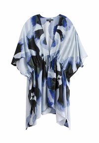 Lehoucí květinový kimono z lehké tkaniny, s modro-černým abstraktním vzorem, hlubokým výstřihem do V a nastavitelným stahováním v pase.