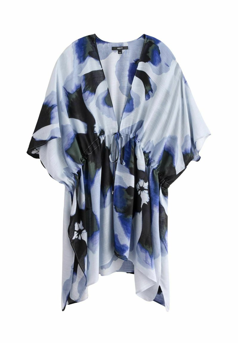 Lehoucí květinový kimono z lehké tkaniny, s modro-černým abstraktním vzorem, hlubokým výstřihem do V a nastavitelným stahováním v pase.
