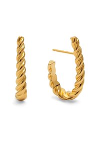 Orecchini a cerchio dorati con un design intrecciato, caratterizzati da una superficie testurizzata e un piccolo gancio per una facile chiusura.