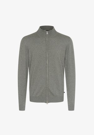 Cardigan gri cu fermoar, fabricat din material tricotat, cu un guler înalt, mâneci lungi și o croială dreaptă, având detalii subtile pe fermoar.