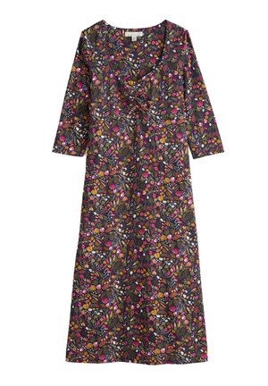 Floral dress with a dark background, featuring vibrant colors like pink, orange, and white. Long sleeves, scoop neck, ruched front detail.