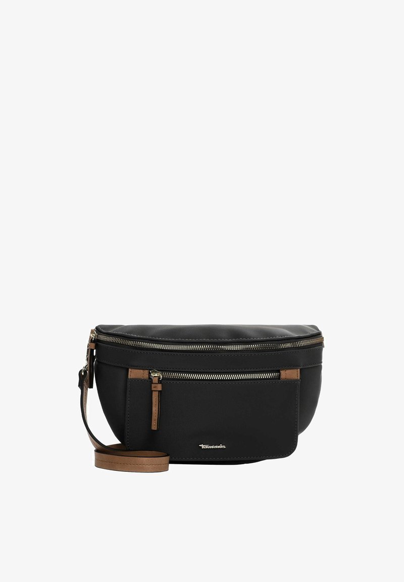 Czarna syntetyczna torba na ramię z brązowymi skórzanymi akcentami, z zamykanymi komorami i odpinanym paskiem. Gładka faktura i zaokrąglony kształt.